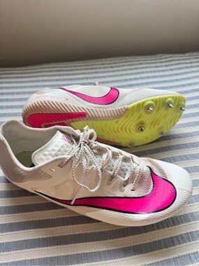 Nike Women’s White Track Spikes with Hot Pink Swoosh and Neon Yellow Sole